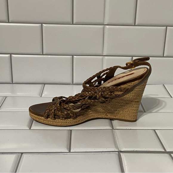 PRADA Sandals Wedge Platform Brown Leather Ankle-Strap Woven Women’s Size 37 7 - Picture 8 of 9